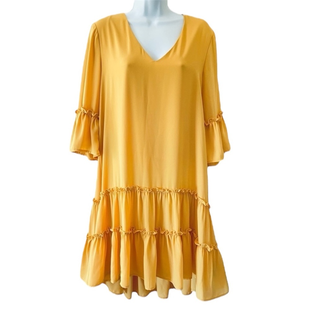 KAREN KANE Marigold V-Neck Ruffled High Low Tiered Dress M USA